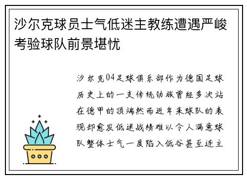 沙尔克球员士气低迷主教练遭遇严峻考验球队前景堪忧