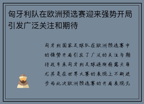 匈牙利队在欧洲预选赛迎来强势开局引发广泛关注和期待