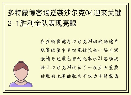 多特蒙德客场逆袭沙尔克04迎来关键2-1胜利全队表现亮眼