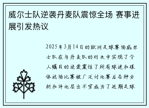 威尔士队逆袭丹麦队震惊全场 赛事进展引发热议