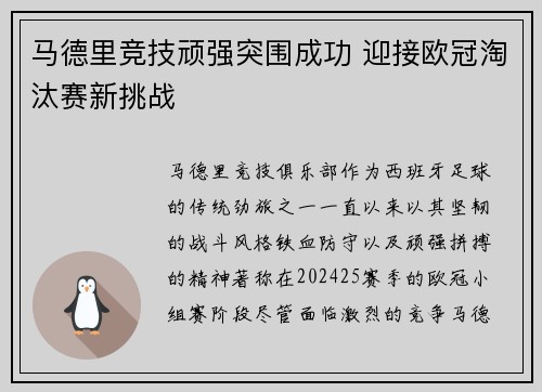 马德里竞技顽强突围成功 迎接欧冠淘汰赛新挑战