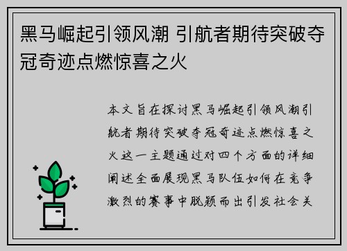 黑马崛起引领风潮 引航者期待突破夺冠奇迹点燃惊喜之火